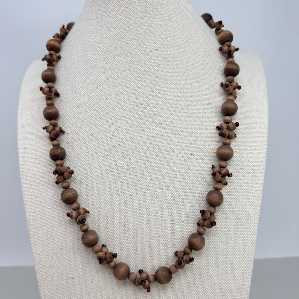 Natural Brown Wood Bead Necklace Glass Seed Bead Accents Barrel Clasp Boho